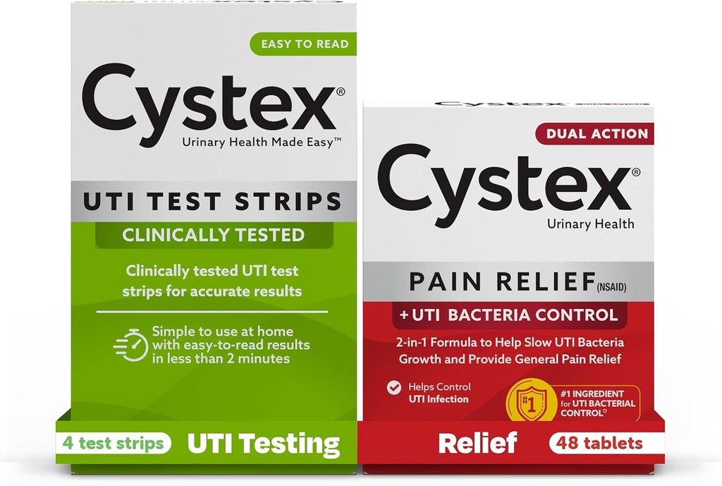 Cystex Urinary Tract Infection (UTI) Test Strips + Pain Relief: 4 Test Strips &amp; 48 Capsules Doin Relief Medicine