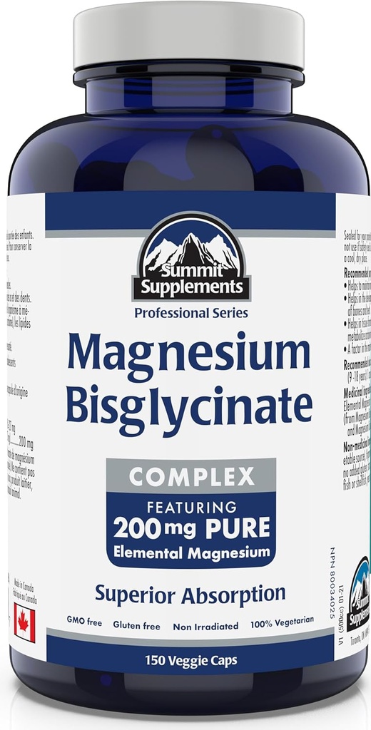 Suplementos de la Cumbre - Complejo Bisglycinate de Magnesio 200 mg, 150 cápsulas vegetales - Ayudas en el desarrollo y mantenimiento de huesos y dientes - Mantener una función muscular adecuada " Ayudas en la formación de tejidos