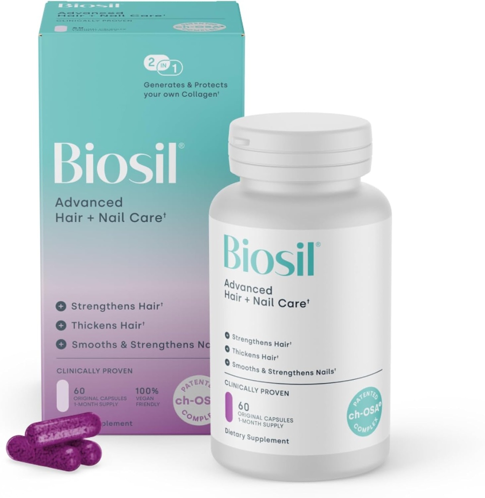 Biosil Advanced Hair + Nail Care - Growth Vitamins for Women - Strengthening & Thicken Strands - 60 Capsules - Patented ch-OSA - 30-Day Supply