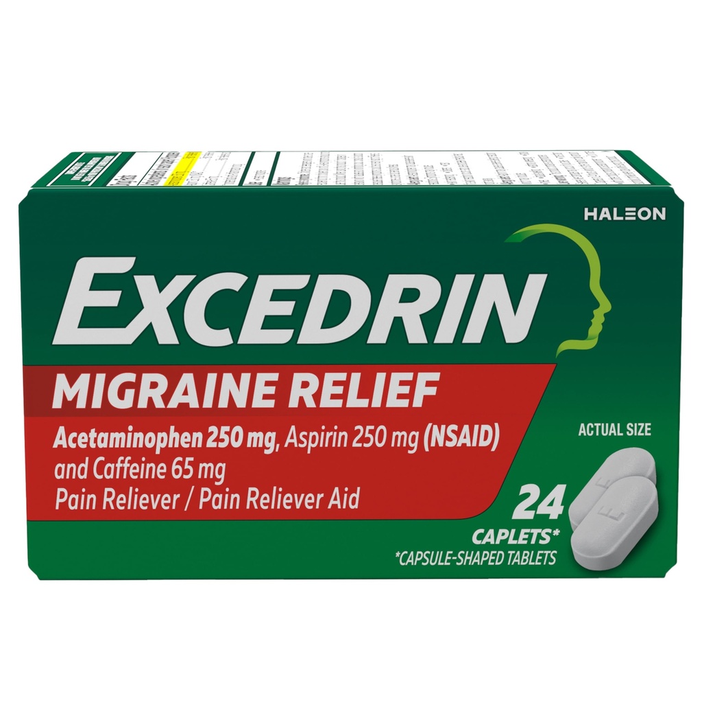 Excedrin Migraine Relief Caplets for Migraine Symptoms, Acetaminophen 250mg, Aspirin 250mg, Caffeine 65mg, Pain Reliever, 24 Count