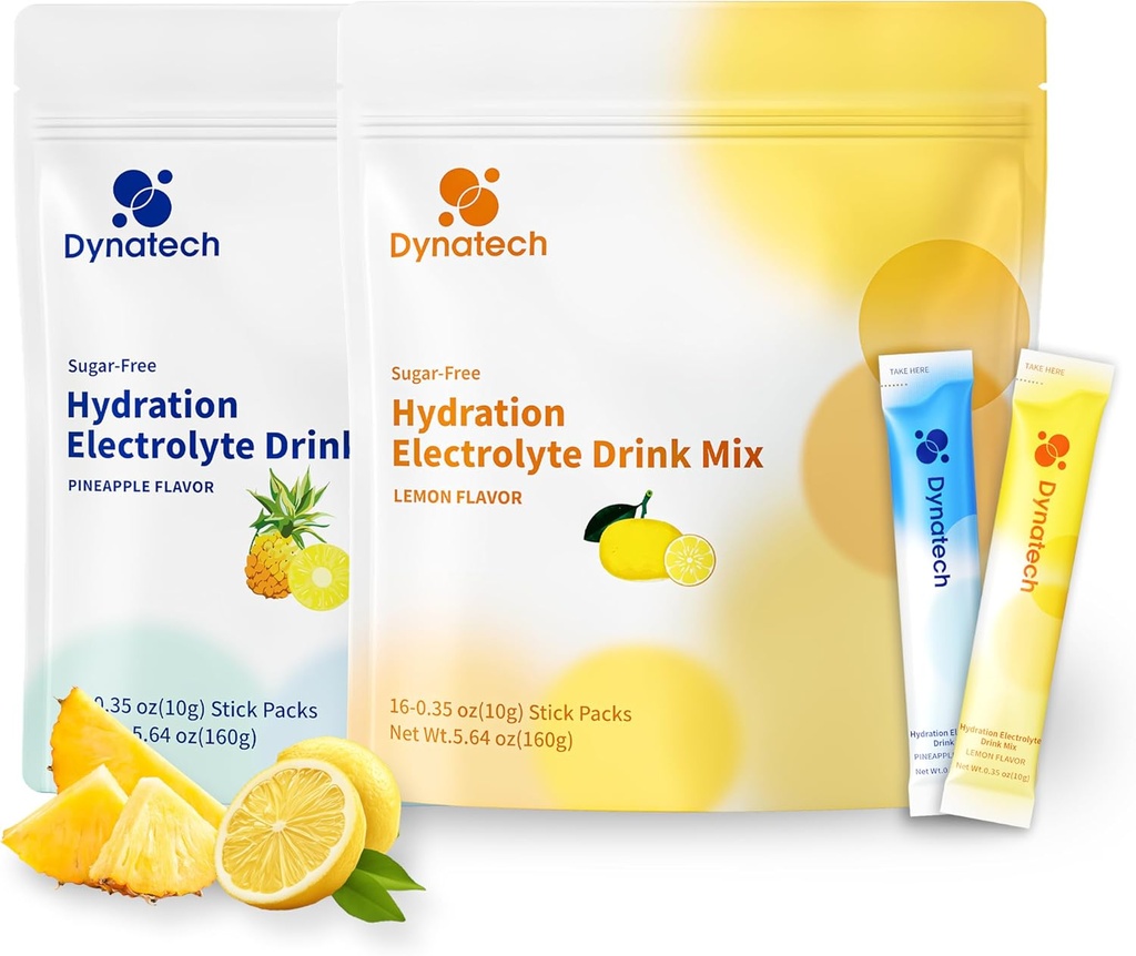 Dynatech Zero Sugar Electrolyte Drink Mix - Lemon,Pineapple - Hydration Powder Packets con 10 electrolitos &amp; vitaminas ← Non-GMO, Gluten Free, Vegan Electrolytes Powder Packets tención 32 Servings