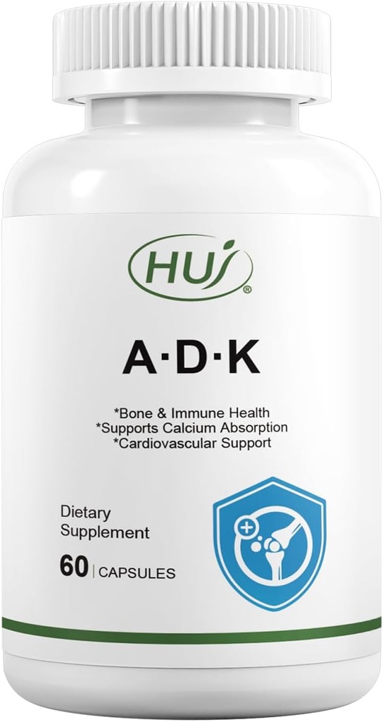 HUJ ADK Suplemento, 60 cápsulas, calcio, vitaminas A, D3, K2 (MK-7)