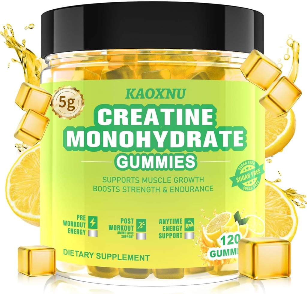 Cretina Monohydrate Gummies 5600mg para Hombres &amp; Mujeres, 120 CT Chewable Creatine Gummies para Muscle Support, Energy Boost, 5.6g de Creatine Monohydrate por Serving - Sugar Free, Vegan (Lemon Flavor)