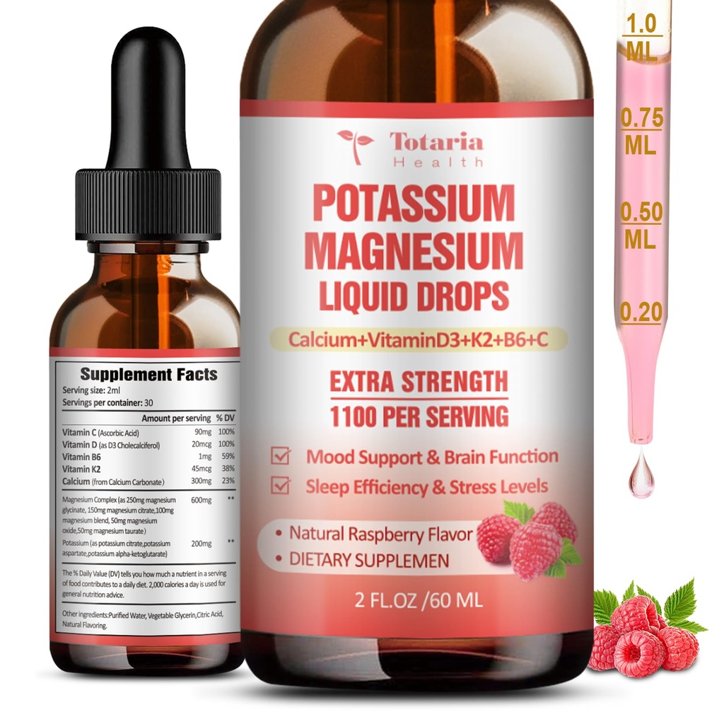 Potassium Magnesium Supplement Liquid Drops - High Absorption Potassium Supplement with Magnesium, Calcium, Vitamin D3 K2, Vegan, Non-GMO Potasio Support Leg Cramps, Bone, Muscle - 2 Fl oz