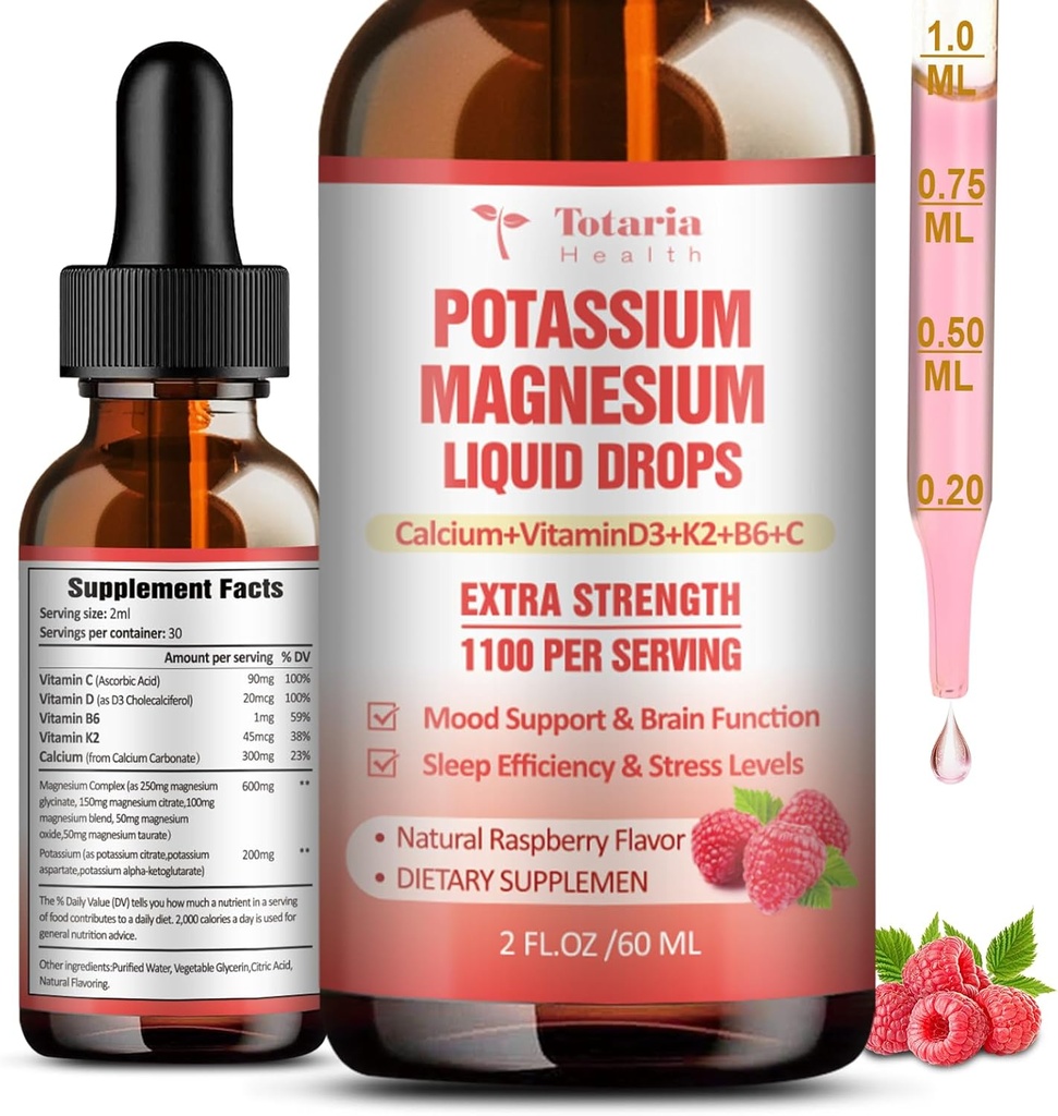 Suplemento de magnesio de potasio gotas líquidas - Suplemento de Potasio de alta absorción con Magnesio, Calcio, Vitamina D3 K2, Vegan, Potasio no GMO Potasio de apoyo de las piernas, Hueso, Musculo - 2 Fl oz