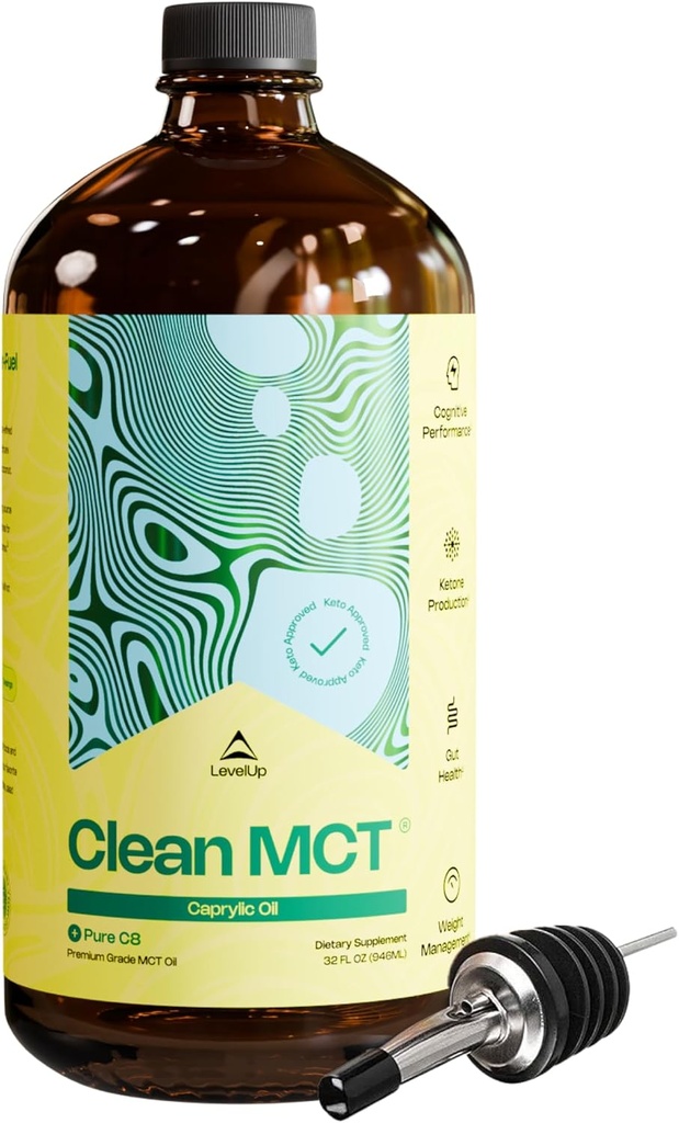 Nivel Up Clean MCT Petróleo - 100% C8 caprílico para Energía, Foco, Salud Gut, Supercombustible cerebral - Suplemento Keto para Café Ketogénico y Cetonas - No GMO (32 oz botella de vidrio)