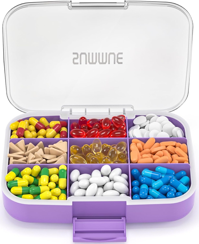 Gran organizador de píldoras, 9 compartimentos Caja de carga de viaje portátil Moisture Proof, XL Pill Container Holder for Vitamins, Cod Liver Oil, Supplements, Medication (Purple)