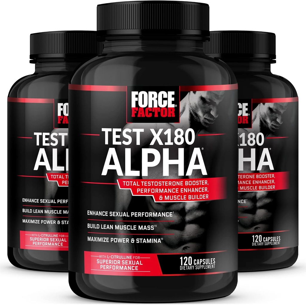 Prueba de Factor de Fuerza X180 Alpha, Booster de Testosterona para Hombres, Suplemento de Testosterona con L-Citrulline para ayudar a construir músculo y fuerza, Oxido Nitrico Boost para el rendimiento, 120 Conde (Pack de 3)