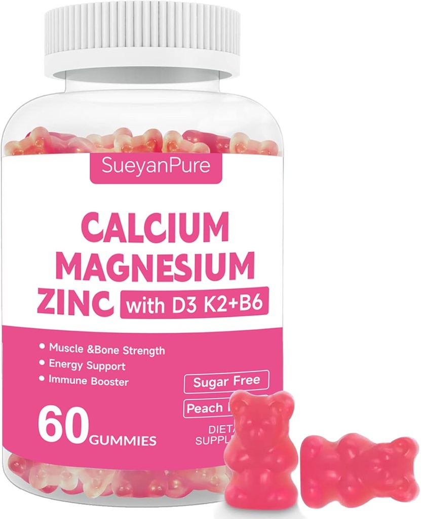 Azúcar libre de calcio Magnesio Zinc Gummies con VC D3 &B6 &K2,600mg Calcium Gummies con 300 mg de Magnesium Support Bone &amp; Muscle para adultos y adolescentes (60 Conde (Pack de 1))