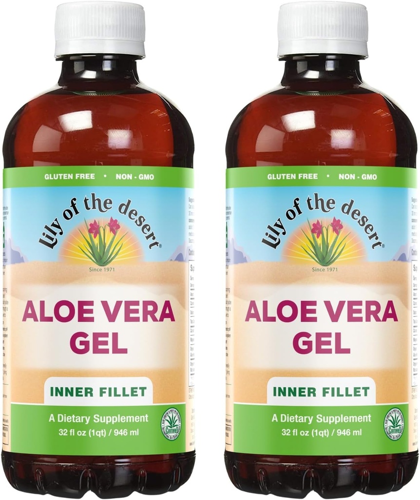 Lily Of The Desert Aloe Vera Gel - Inner Fillet Thicker Consistency Aloe Vera Bebida con Vitaminas Naturales, Enzimas Digestivos para Gut Health, Stomach Relief, Wellness, Glowing Skin, 32 Oz (Pack of 2)