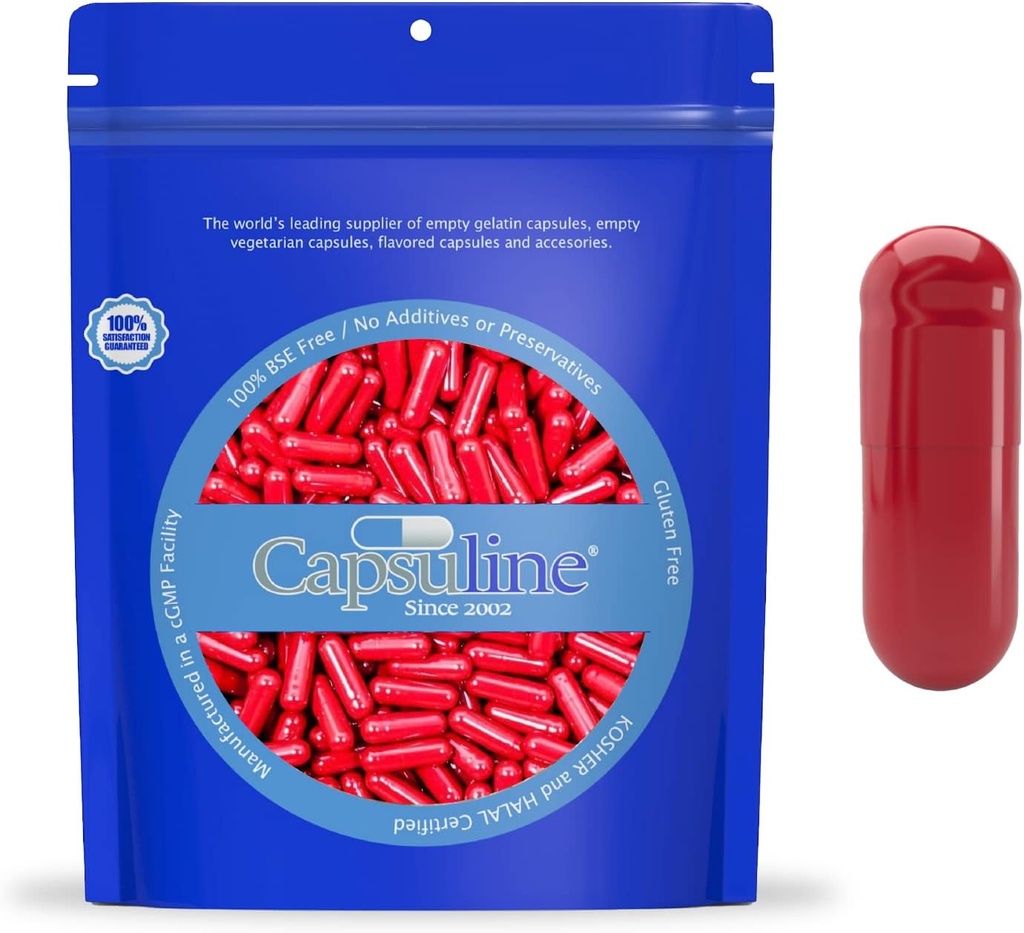 Capsuline Size 0 - Colored Red Empty Gelatin Capsules - 100 Cuenta - Empty Gel Pill Capsules - DIY Pure Bovine Pill Capsule Filling - Empty Caps - Kosher y Halal Certified