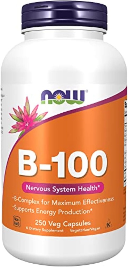 AHORA Suplementos, vitamina B-100, producción de energía*, salud del sistema nervioso*, 250 cápsulas de verduras