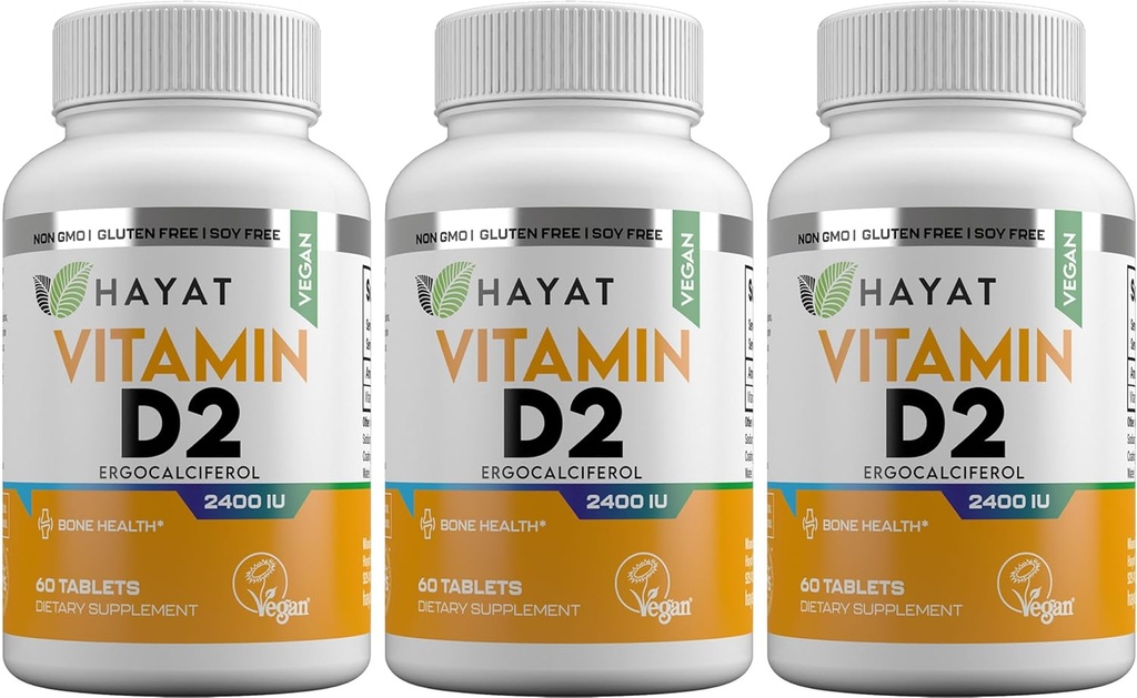 HAYAT Vitaminas Vegan Vitamina Natural D 2400 UI, D2, Certified Halal (Pack of 3)