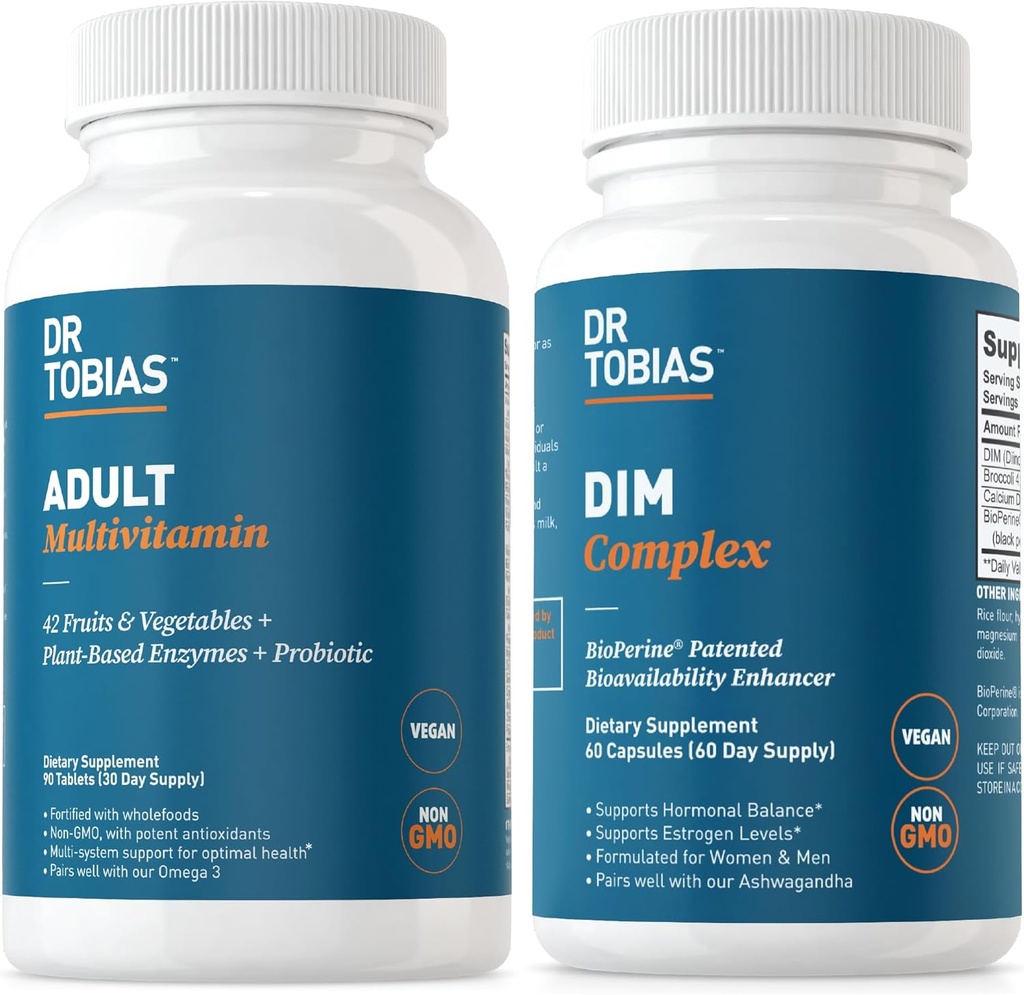 Dr. Tobias Adult Multivitamin & DIM Complex, Supports Energy, Immune and Hormone Balance for Men & Women with 42 Fruits & Vegetables, BioPerine, Broccoli Extract & Calcium, Non-GMO