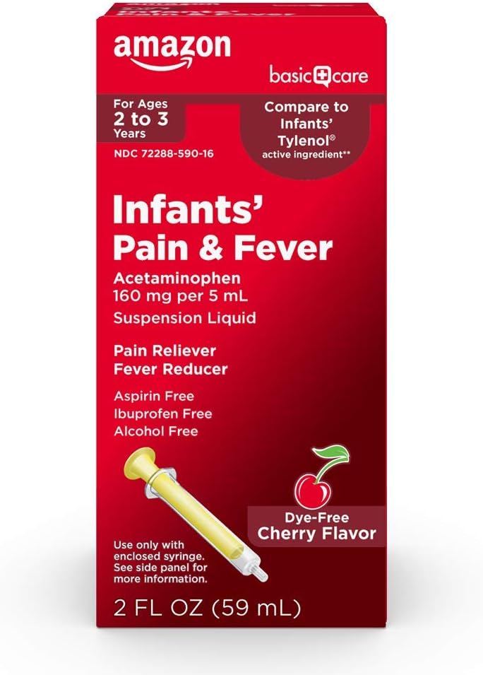 Cuidado básico Dolor de bebés " , Acetaminofeno 160 mg por 5 ml, Suspensión Líquida, Sabor de cereza sin tinte, 2 fl oz (Pack of 1)