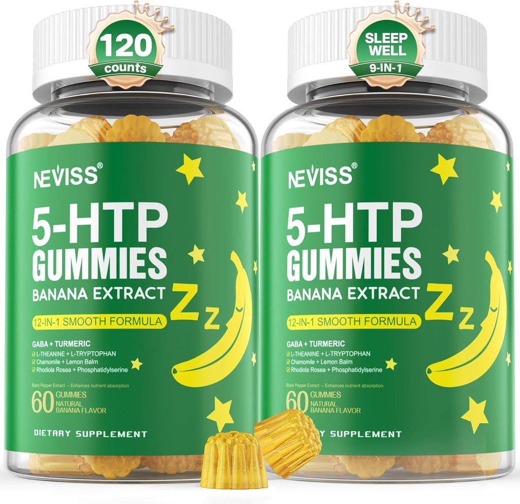 5-HTP Gummies + GABA - Melatonin Gratis - Relajación Gummies with Banana Extract, L-Theanine,L-Tryptophan, Vitamina D3 para Ciclo de Descanso Saludable &amp; Circadian Rhythm, Brain Function &amp; Muscle Relax, Pack de 2