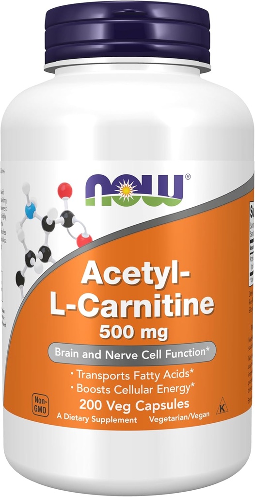 AHORA Suplementos Alimentarios, Carnitina Acetyl-L 500 mg, Aminoácidos, Cerebro y Función Celular Nerve*, 200 cápsulas Veg