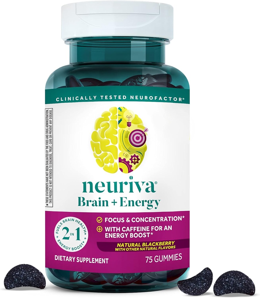 NEURIVA Cerebro + Gummies de energía, Suplementos cerebrales nootrópicos para Focus y Concentración con Neurofactor, Vitamina B12 &amp; Caffeine para un Boost de Energía*, 75ct Natural BlackBerry