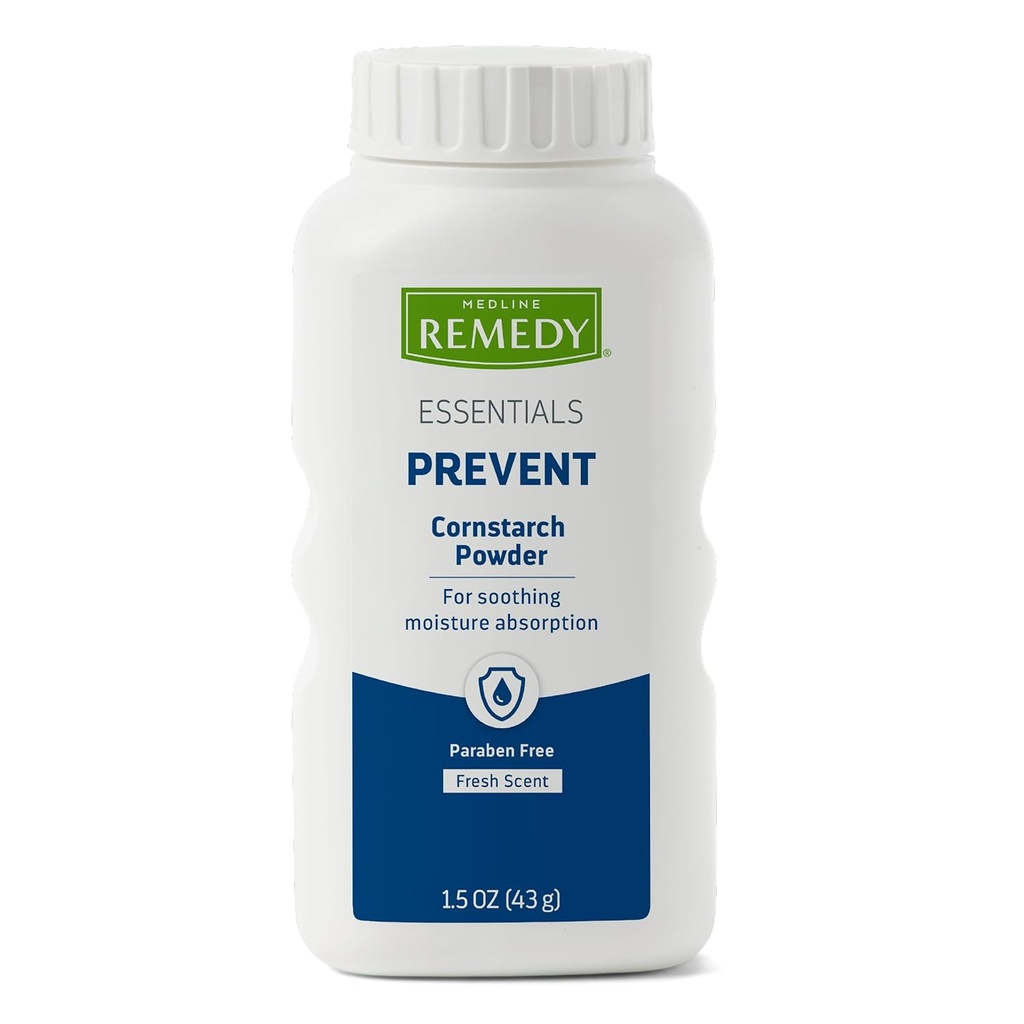 Medline Remedy Essentials Cornstarch Powder (1.5 oz Bottle), Fresh Scent, Talc Free, Tamaño de viaje, Cuidado de la piel, Absorbs Sweat, Soothes, Reduce la fricción " Chafing, para adultos, Pies, Groin