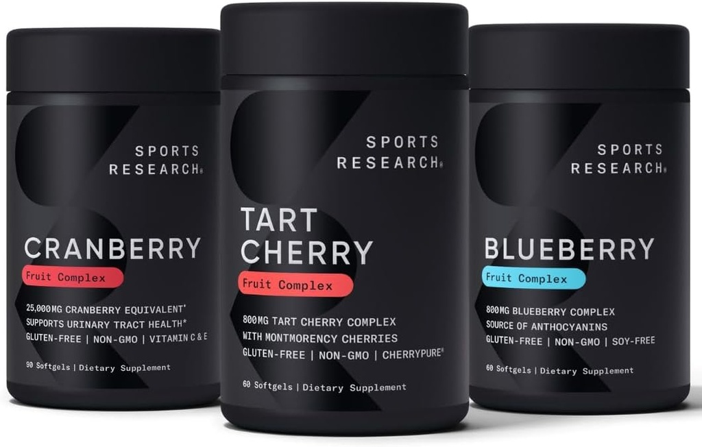 Sports Research Tart Cherry Concentrate (de Montmorency Tart Cherries), Cranberry Fruit Complex (con Pacran &amp; Vitamins C &amp; E) & Whole Fruit Blueberry Concentrate (de Blueberries orgánicas)