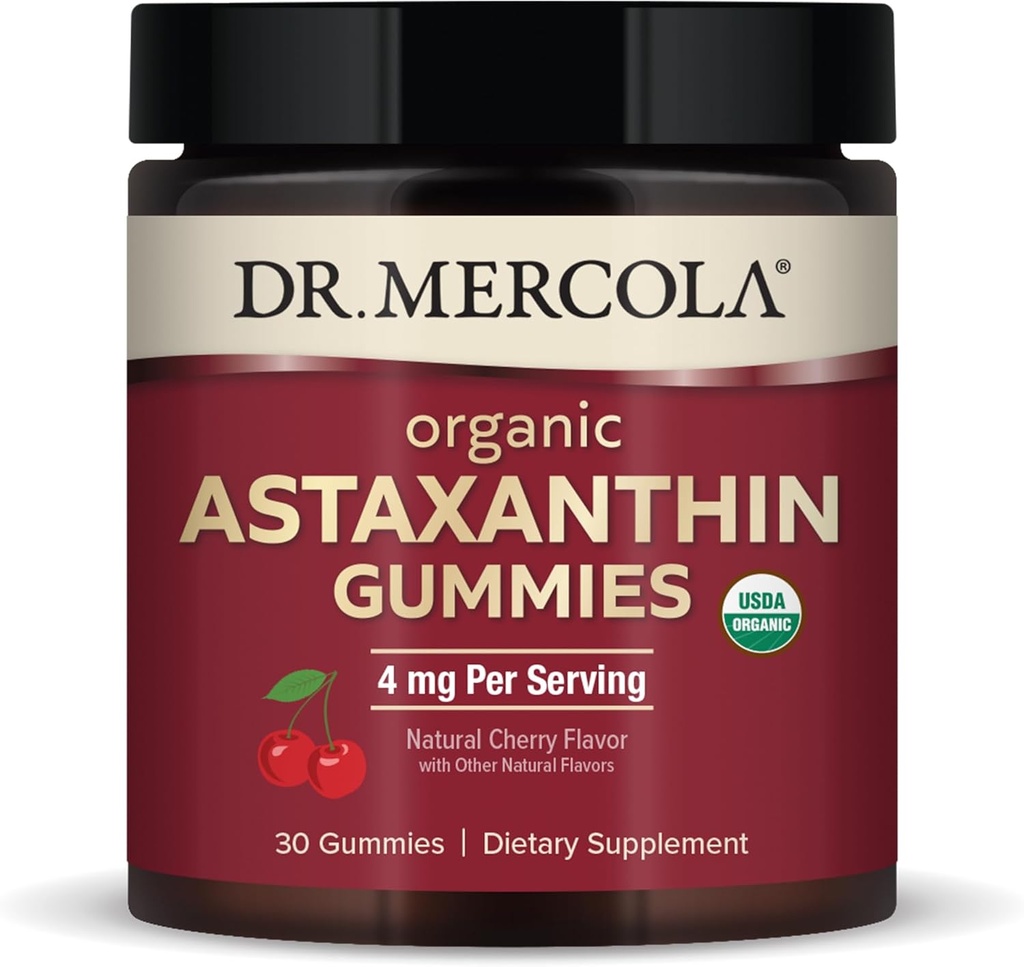 Dr. Mercola Organic Astaxanthin Gummies, 30 Servings (30 Gummies), 4 mg Per Serving, Dietary Supplement, Antioxidant and Immune Support, Certified Organic, Non-GMO