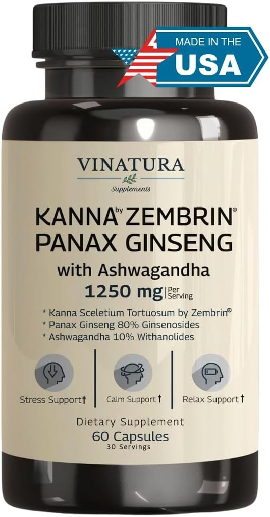 VINATURA Kanna Zembrin Sceletium Tortuosum - 50mg Kanna/Serving, with Ashwagandha, Ginseng *Brain Health, Stress Relief Support* Panax Ginseng 80% Ginsenosides Ashwagandha Capsules 10% Withanolides