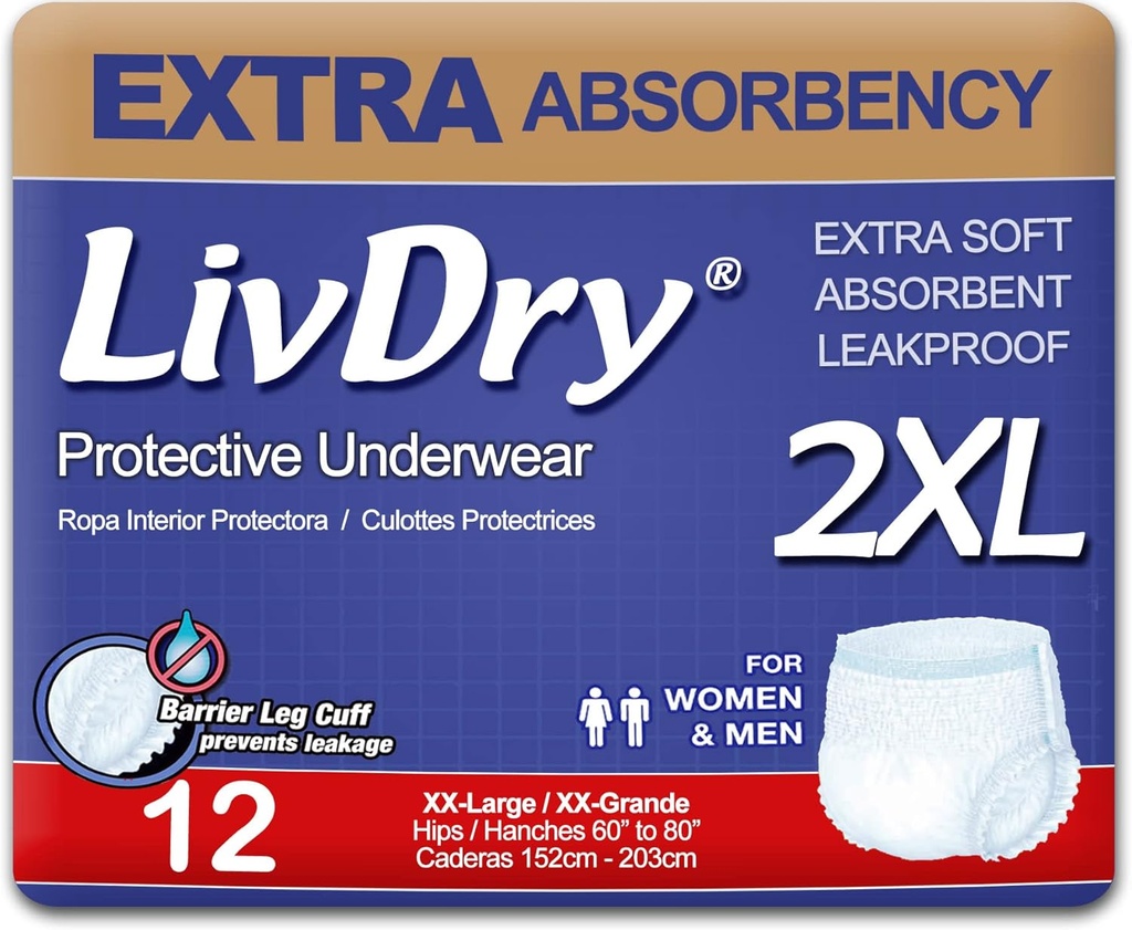 LivDry Adulto XXL Incontinencia Ropa interior, Absorbencia Extra Adult Diapers, Protección de Leak, XX-Large, 12-Pack