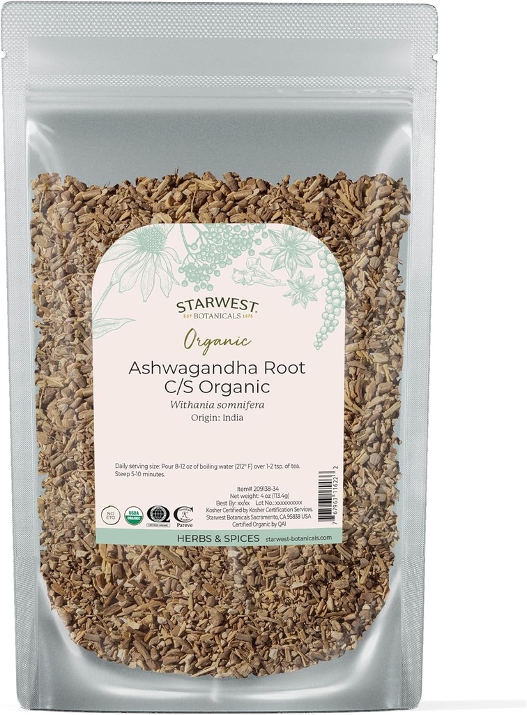 Botanicas de Starwest Orgánica Ashwagandha Root for Women ' Men - Herb seco para té, cápsulas, " Natural Herbal Blends, Cut " Sifted, Certified Kosher, Non-GMO - 4 oz Pouch