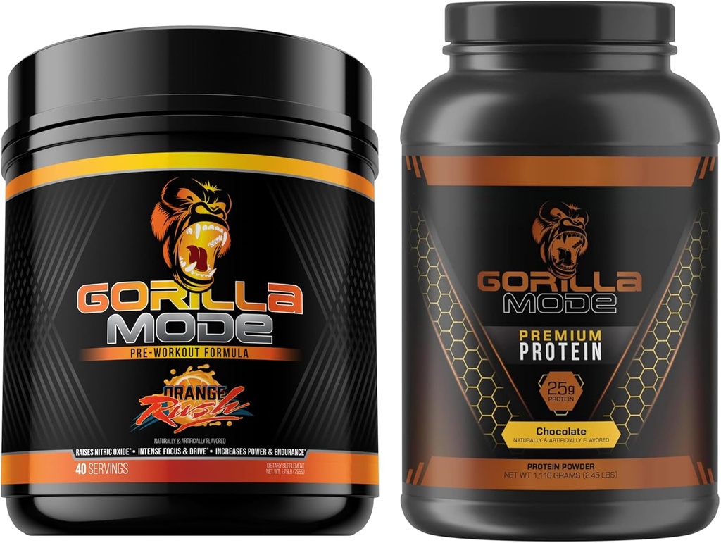 Gorilla Mind Pre Workout (Orange Rush) + Premium Whey Protein (Chocolate) - Estadio completo para obtener resultados máximos