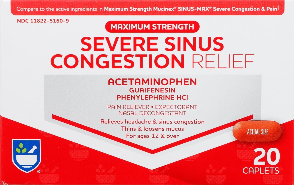Rite Aid Severe Sinus Medicine and Nasal Decongestant, Maximum Strength - 20 Caplets peru Sinus Relief ← Pain Relief ← Multi-Symptom Cold and Flu Medicine ← Severe Cold & Sinus Medicine for Adults