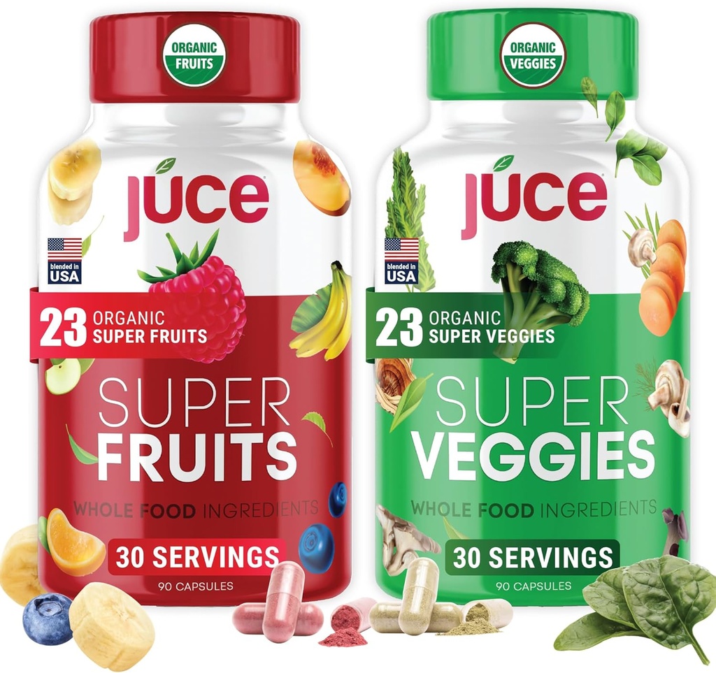 Juce Original Fórmula - Organic Super Fruit & Veggies Supplement - Gluten/Gelatin Free, Soy Free &amp; Vegan- Rojos &amp; Verdes Superfood Capsules- 23 Frutas &amp; 23 Verduras (180 Cuenta)- Por Terra Kai Organics