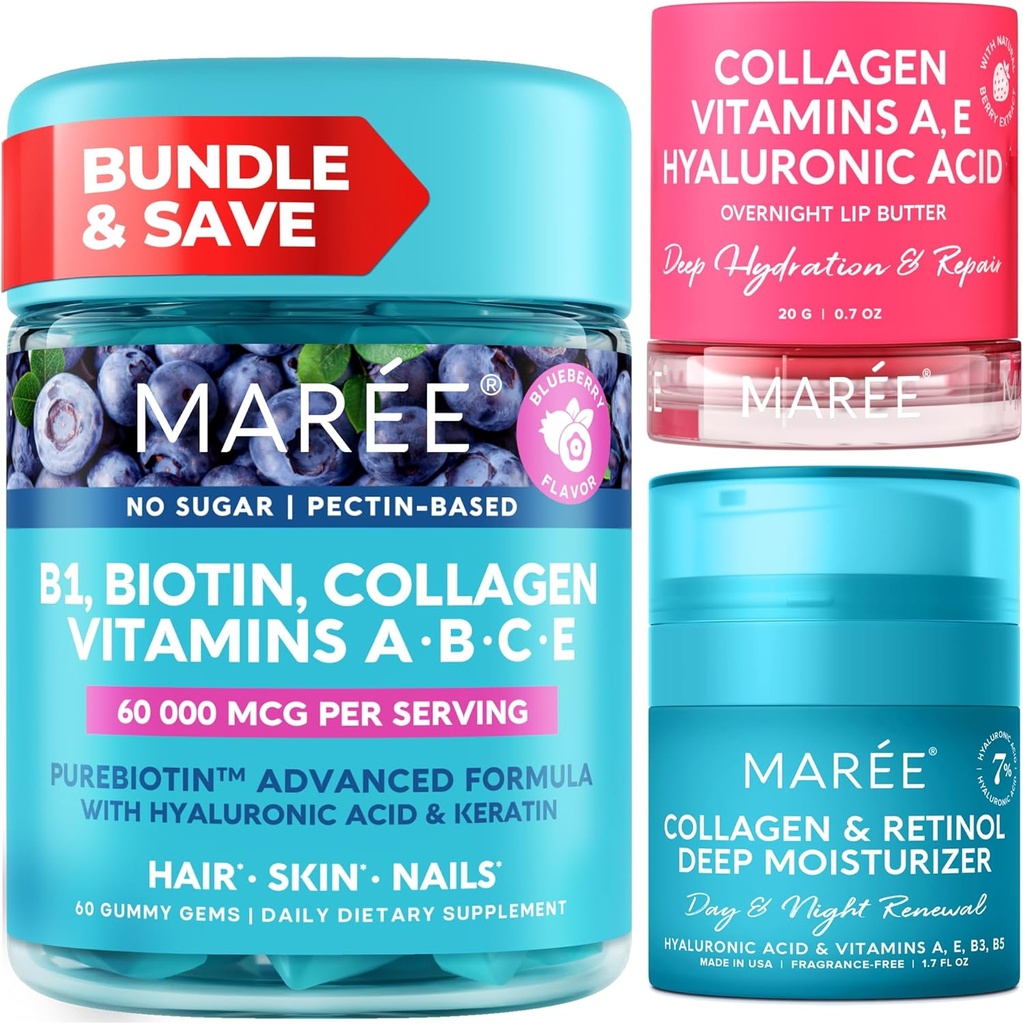 MAREE Bundle - Vitamina B1 Thiamine Gummies, Lip Mask, Face Moisturizer - A, E, D, C Vitaminas - Colagen &amp; Hyaluronic Acid, Retinol- Complex for Skin, Nails, Hair - Mascarilla para Lips secos - Anti-Aging Cream