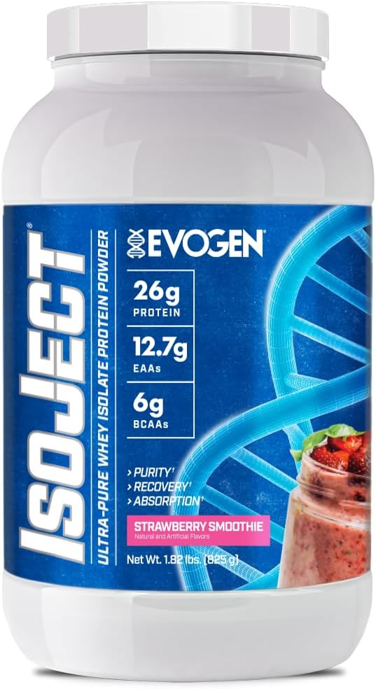 Evogen Isoject - Whey Protein Isolate ← Ultra-Pure Whey Protein Powder with Ignitor Enzymes, BCAAs, and EAAs ← Enhanced Absorption " Recovery TEN Strawberry Smoothie tención 25 Servings