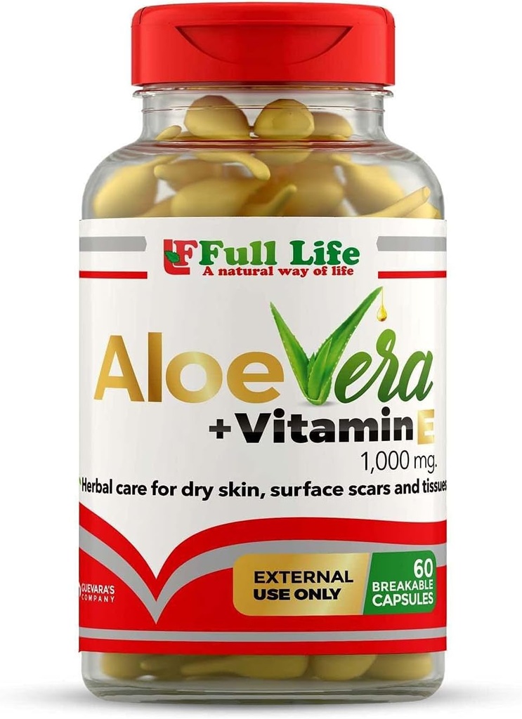 Full Life Aloe Vera + Vitamina E, 60 cápsulas Breakable - hidratación, antienvejecimiento - cuidado saludable de la piel