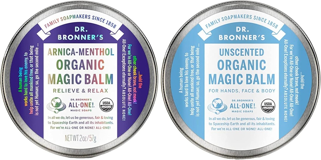 Dr. Bronner's - Organic Magic Balm (2 oz Variety Pack) Arnica-Menthol &amp; Baby Unscented - Hecho con Beeswax Orgánica " Hemp Oil, Moisturizes and Soothes Hands, Face " Body TEN 2 Count