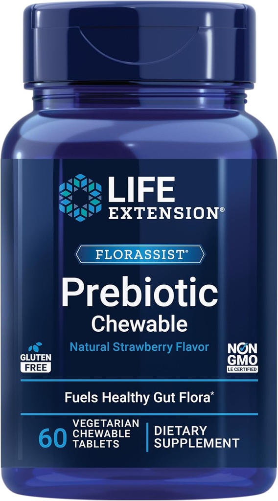 Extensión de vida FLORASSIST® Prebiotic Chewable (Strawberry), 1000 mg xylooligosaccharides, suplemento prebiótico Provee combustible para Gut Flora, libre de gluten, no GMO, Vegetariano, 60 tabletas masticables