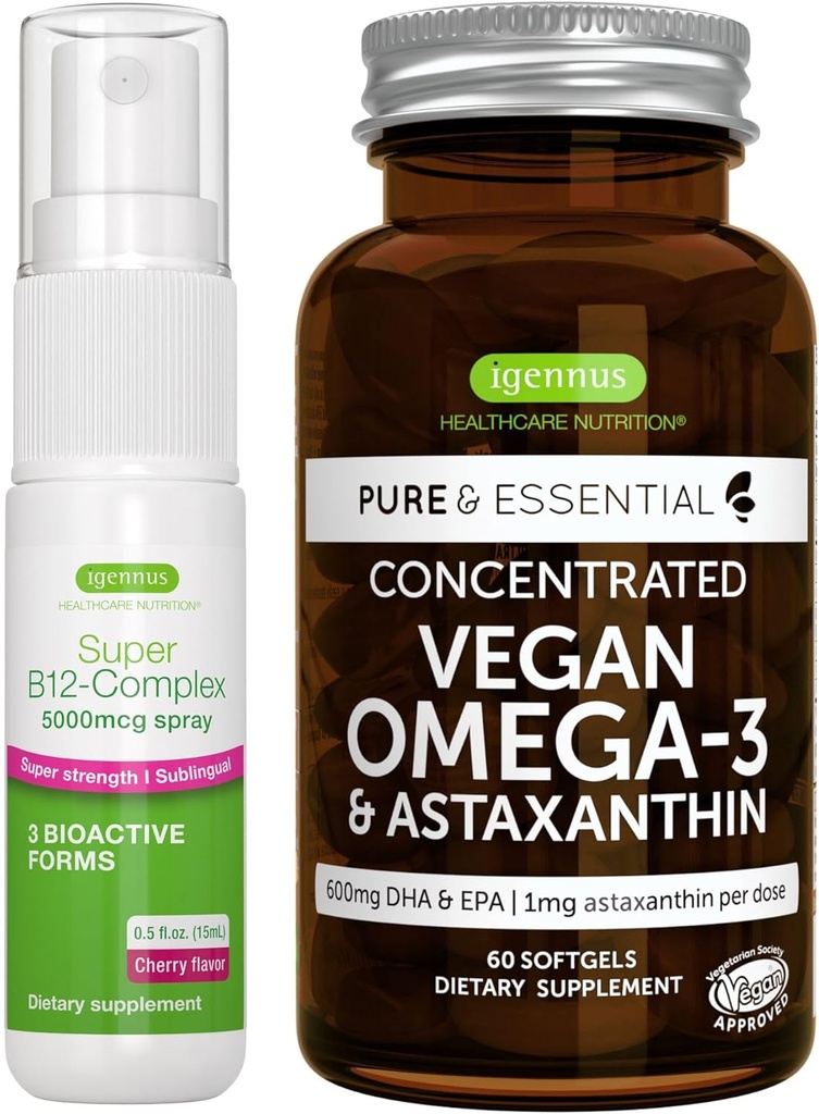 Vegan Omega-3 Algae Oil + Super B12-Complex 5000mcg Vegan Bundle, alta concentración DHA &amp; EPA + alta tensión B12 Cherry Flavor Sublingual Spray, por Igennus