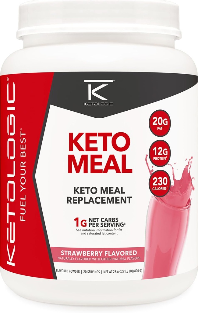 KetoLogic Keto Meal Replacement Shake Powder For Optimal Results + MCT Oil + Grass-Fed Whey - Perfectly Formulated Macros for Ketosis - 20 Servings - Strawberry