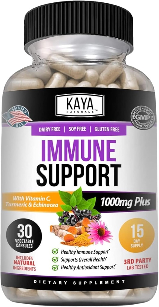 Kaya Naturals Elderberry Immune Support tóxico Vitaminas con zinc y vitamina C para adultos, Probióticos &amp; Turmeric 1000mg Immune System Booster Sambucus Capsules - 30 Conde