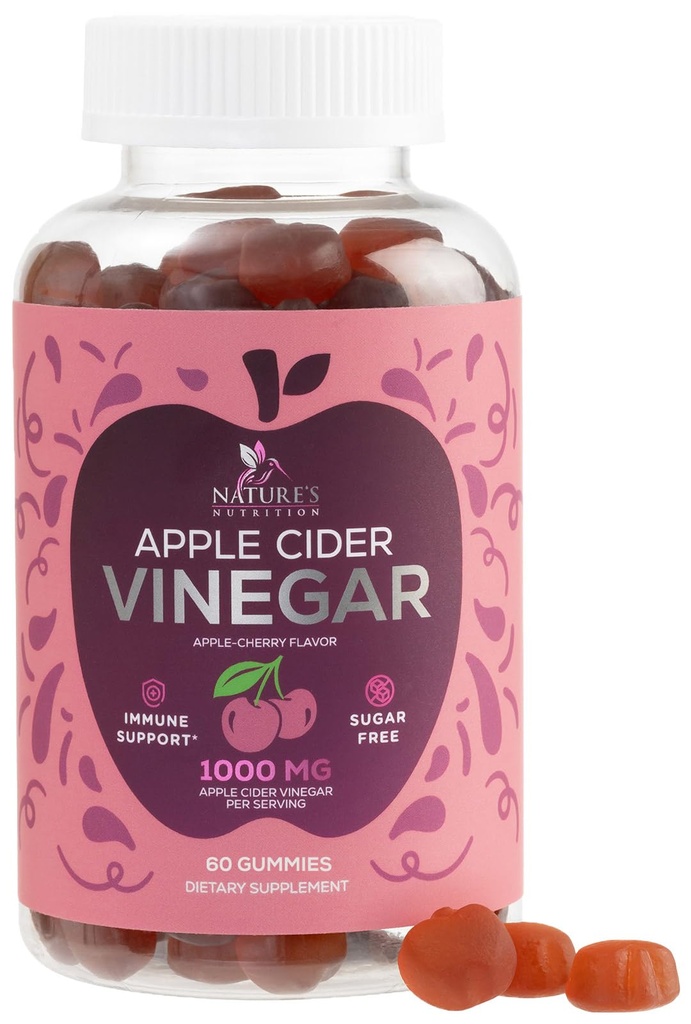 Ganchos de vinagre de manzana vegano 1000mg - Suplemento de vitaminas de goma ACV gratuito con vitamina B12 para energía - Keto Friendly Digestion, Detox, Cleanse Support - Gelatin-Free, Non-GMO - 60 Gummies