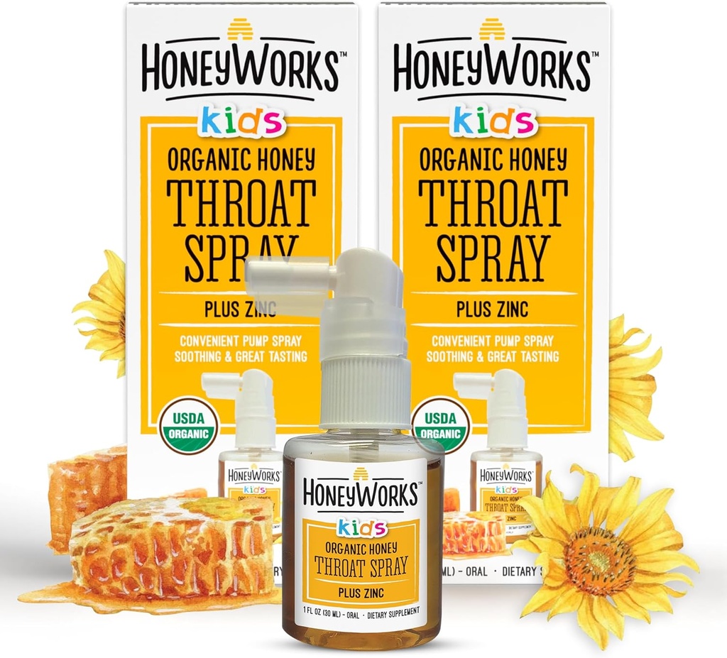 HoneyWorks Kids Throat Spray for Sore Throat Relief, 1 Oz (Pack of 2) Soothing Non-GMO USDA Organic Dark Honey + Zinc, Fast-Acting Relief, 12 meses+