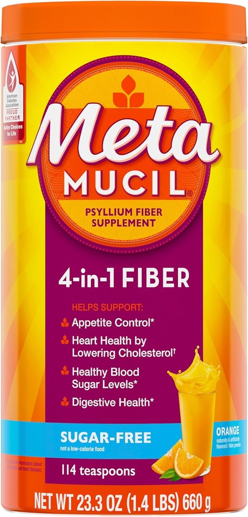 Metamucil 4-en-1 Psyllium Husk Suplemento de fibra, sin azúcar, 114 cucharaditas, Orange Flavored, Daily Fiber Powder for Digestive Health, fabricado con Psyllium Husk Fiber