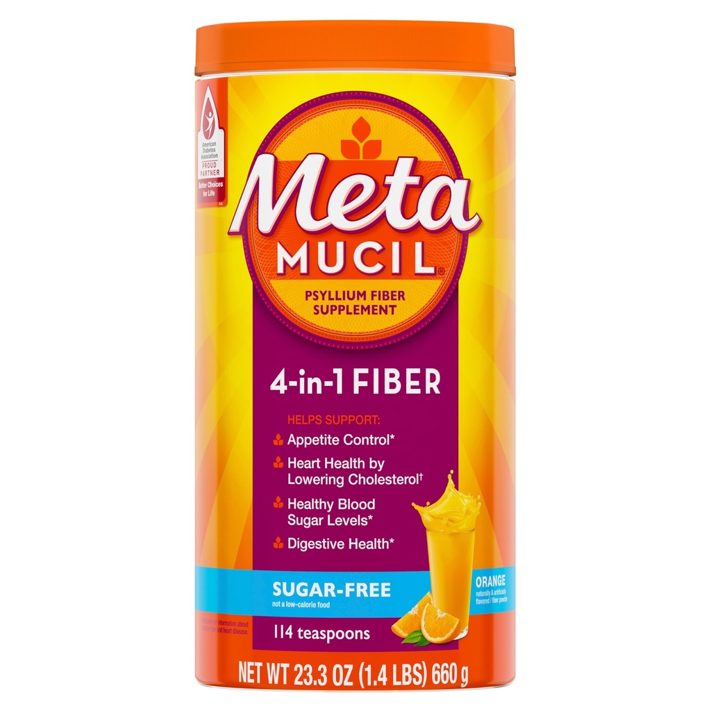 Metamucil 4-en-1 Psyllium Husk Suplemento de fibra, sin azúcar, 114 cucharaditas, Orange Flavored, Daily Fiber Powder for Digestive Health, fabricado con Psyllium Husk Fiber