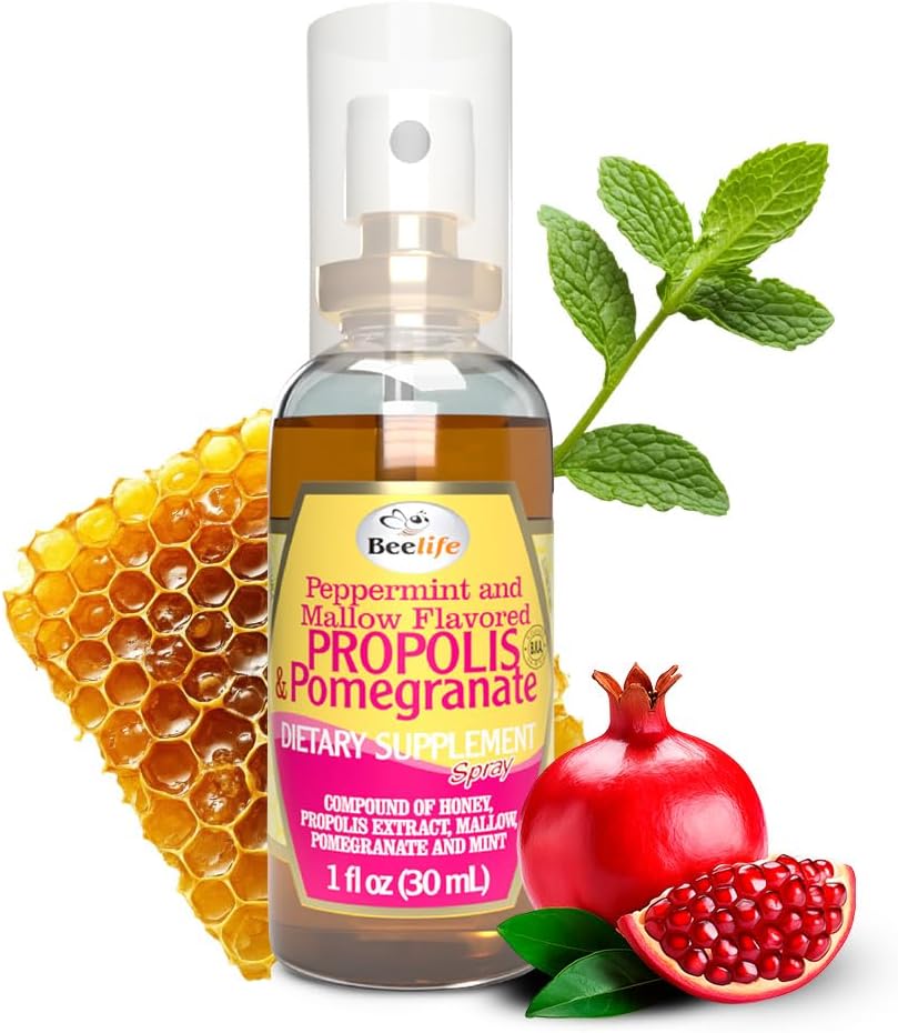 Espray de garganta de Beelife Propolis – Miel calmante, menta &amp; granada - Soporte natural de inmunes " Sore Throat Relief - Antioxidants, Rich in Flavonoids " Artepillin C, No Sugar, Sin gluten, 1-Pack, 30ml