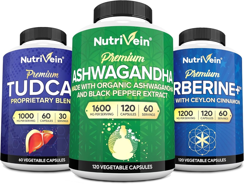 Nutrivein Premium TUDCA, Berberine Supplements, and Ashwagandha Supplements Bundle: High-Absorption Berberine Complex, Ashwagandha Root Extract, & TUDCA for Detox, Vitality & Well-Being