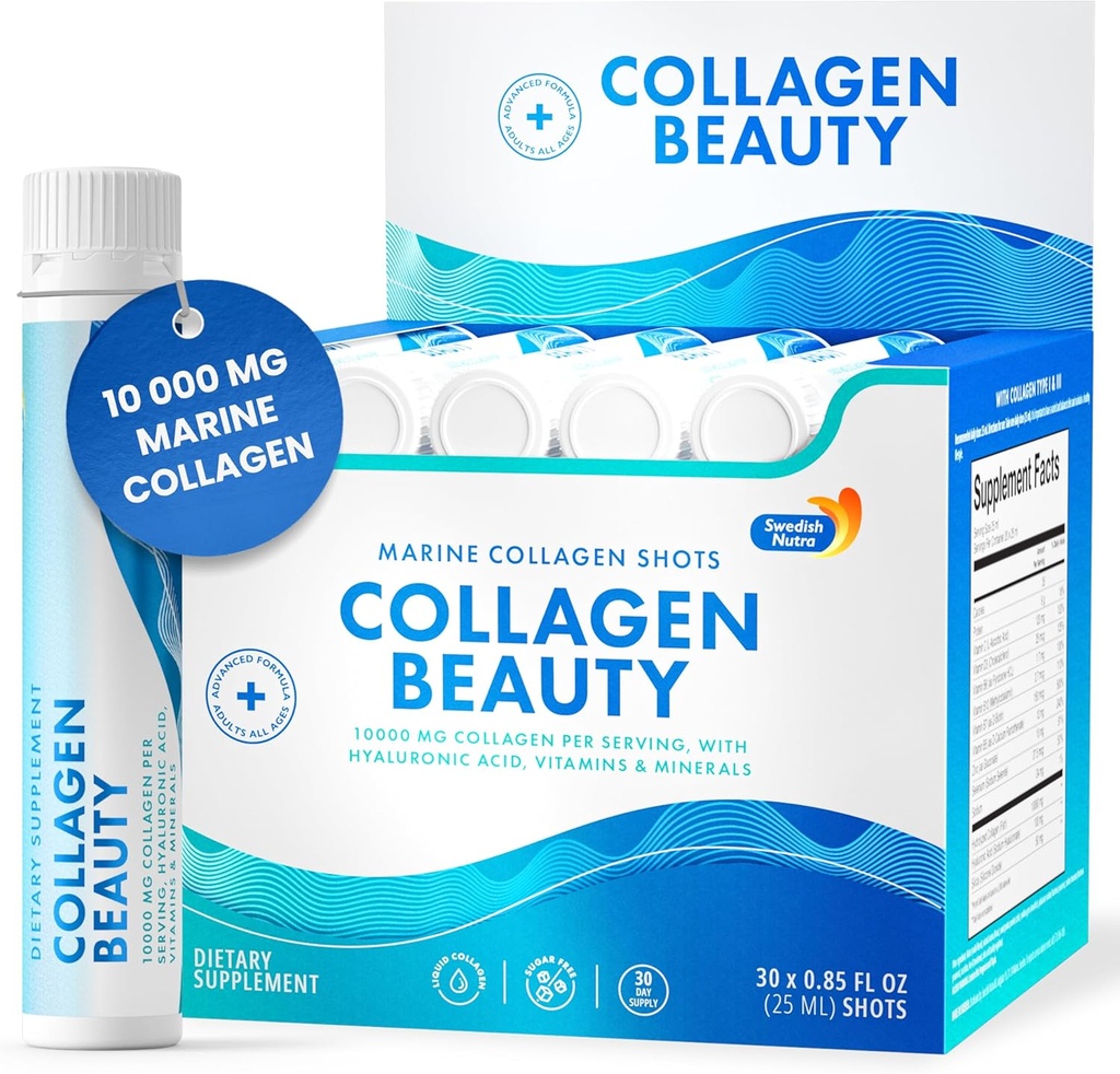 Nutra sueco - Collagen Beauty TEN 10,000 mg Hidrolyzed Marine Collagen Liquid Supplement - 30 x 25 ml Daily Shots ← Hialuronic Acid and Vitamin C to Support Healthy Hair, Skin, Nails  durable Sugar-Free