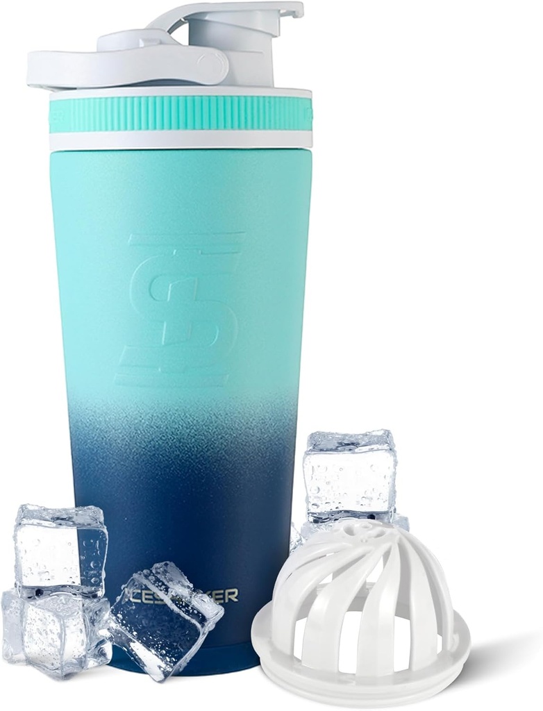 Ice Shaker Acero Insulado Botella de Acero Insonor Silencio 26oz, Navy/Mint Silencio frío por 30+ Horas Silencio Copa Insulado con Agitador Twist-on ← Botella libre de olores para Protein Shakes, Agua, Moquetas, Cocktails