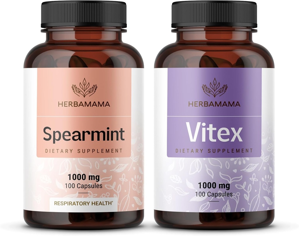 HERBAMAMA Spearmint and Vitex Kit - Bundle of 1000 mg Spearmint Leaf & Vitex Chasteberry Capsules - Vegan, Non-GMO, Gelatin-Free - 2 Pack