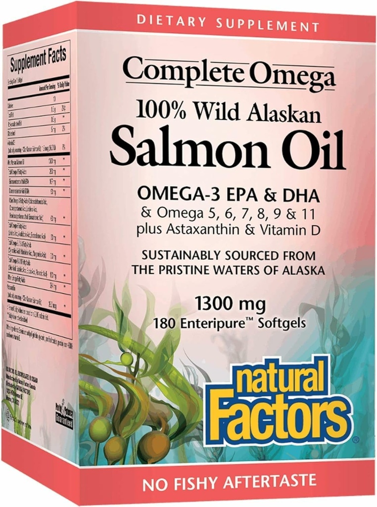 Complete Omega by Natural Factors, Wild Alaskan Salmon Oil, Supports Heart and Brain Health with Omega-3 DHA and EPA, 180 softgels (180 servings)
