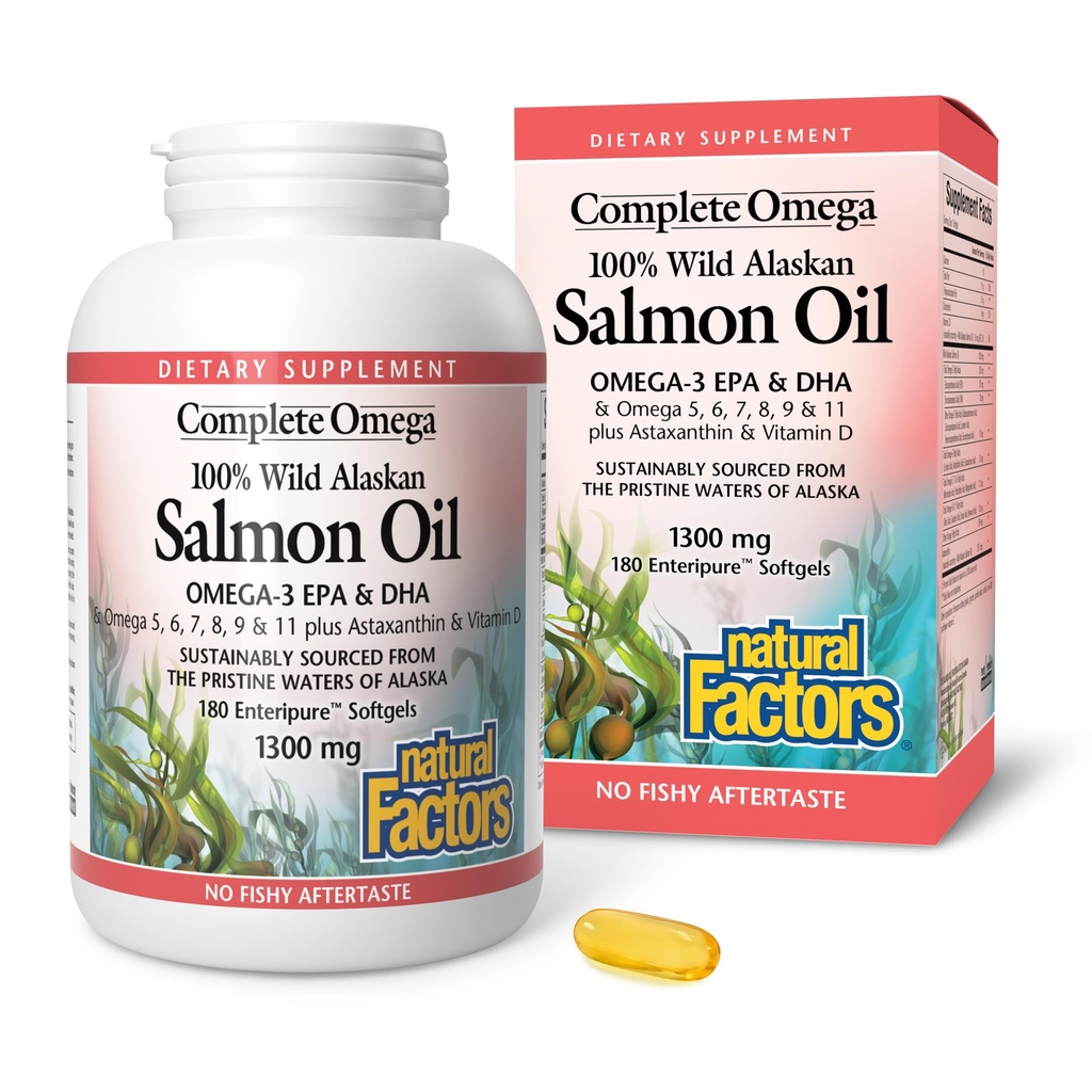 Omega completo por factores naturales, aceite de salmón salvaje de Alaska, soporta la salud cardíaca y cerebral con Omega-3 DHA y EPA, 180 softgels (180 porciones)